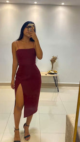 Satin Spaghetti Strap Midi Dress Sleeveless Zipper Back Built-In Bra